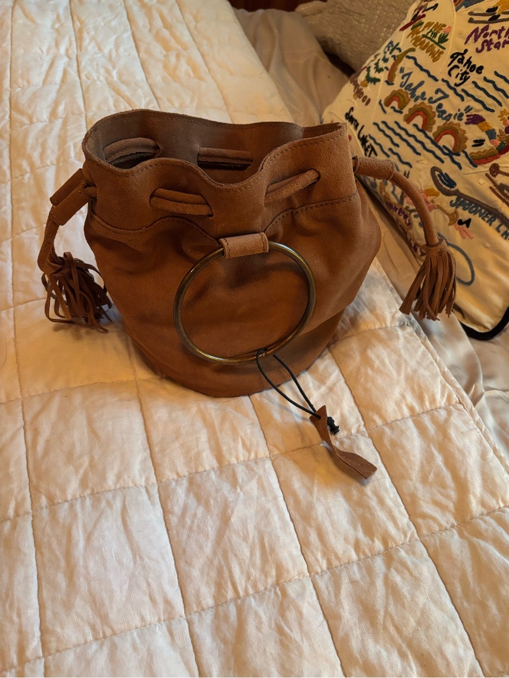 Women’s Tan Suede Drawstring Bucket Bag